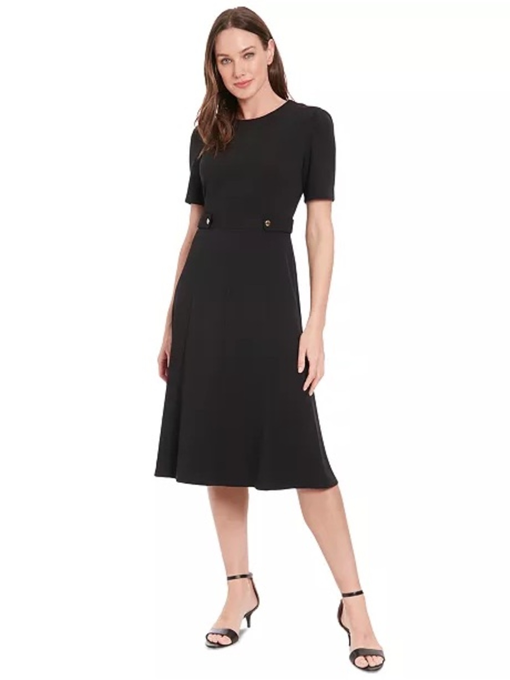 LONDON TIMES Black Puff-Sleeve Tab-Detail Fit & Flare Dress Sz 2